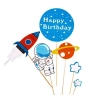 Topper piker ozdoby na tort napis Happy Birthday kosmos planeta rakieta dekoracje urodzinowe zestaw 6 sztuk